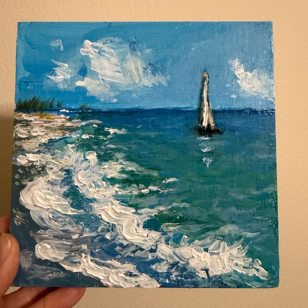 Original Coastal Seascape Art Acrylic Painting on the wooden board
